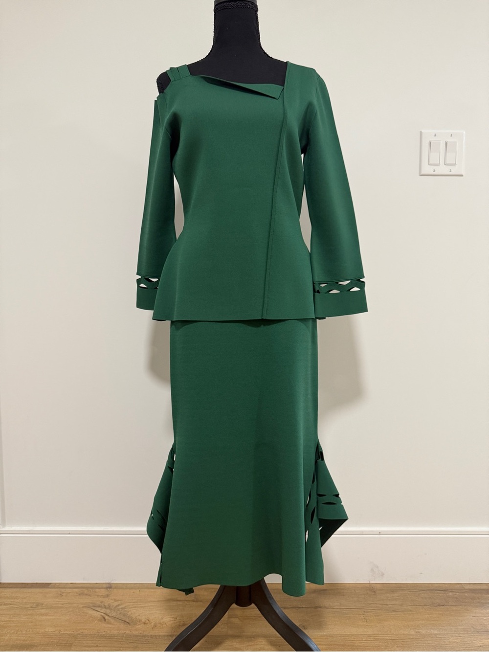 Roland Mouret 2 Piece Dress Emerald Hunter Green Peplum One Shoulder sz L Luxury